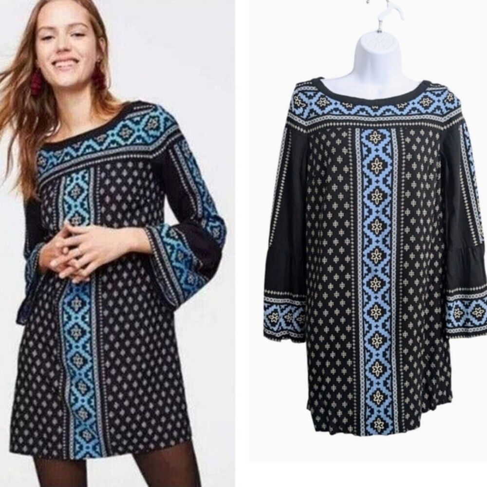 LOFT Woman Black Blue Geo Print Mini Dress Boat Neck Long Bell Sleeve Boho XS